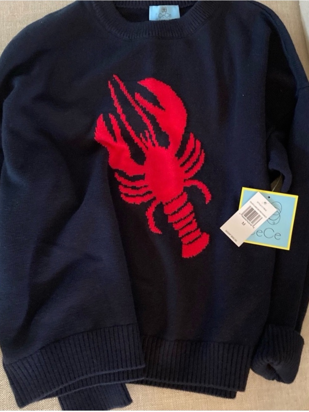 CeCe women’s Navy Sweater with Red Lobster Intarsia